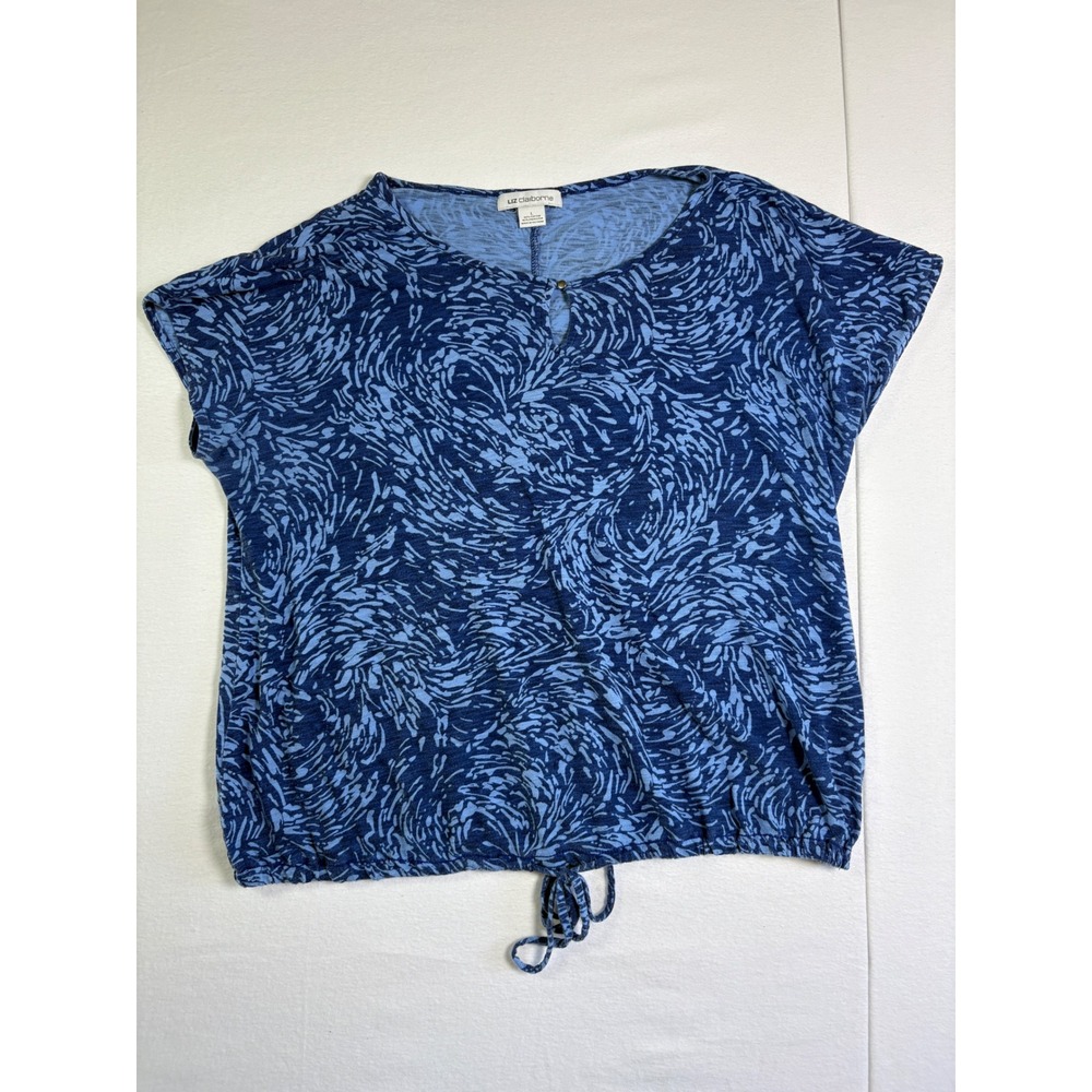 Liz Claiborne Womens Blue Abstract Swirl Short Sleeve Drawstring Hem Top Large